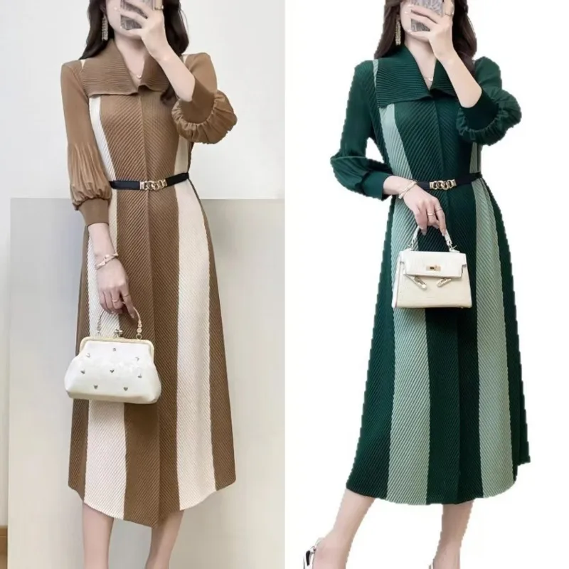 

Плиссированное платье Miyake, осень 2023, новое платье больших размеров, модное свободное тонкое темпераментное элегантное женское платье с цветными блоками