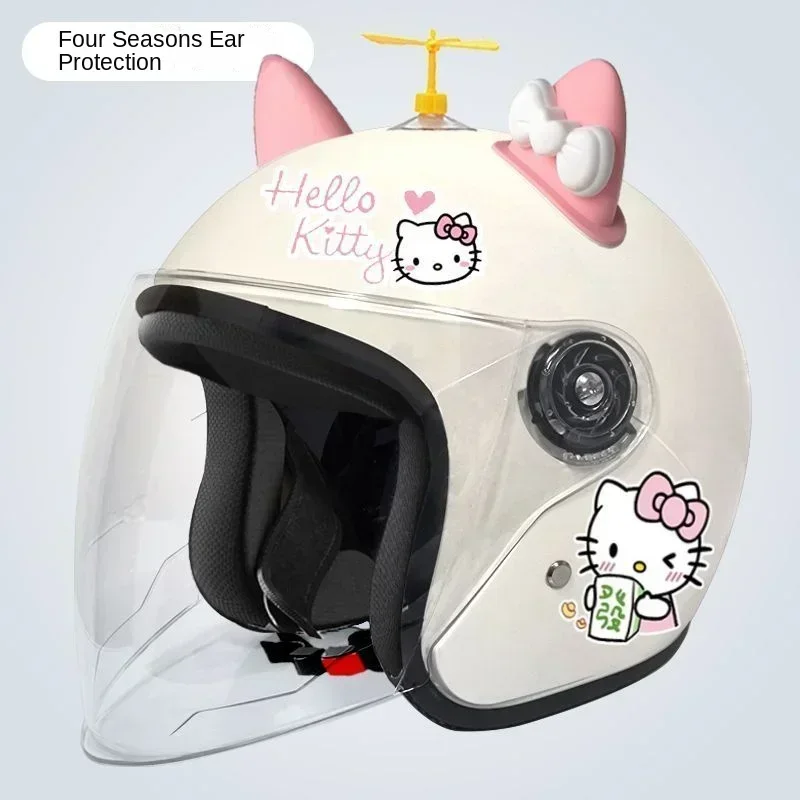 Sanrio Hello kitty Electric Car Helmet Female 3C Adult Helmet Cute with Ears Fall and Winter Warm Long Lens Helmet Waterproof