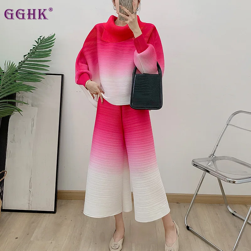 

GGHK Плиссированные женские комплект из 2 предметов с шарфом и рукавом «летучая мышь» с градиентом цвета, топ с высокой талией, свободные широкие брюки, новинка 2023 года, весна-осень