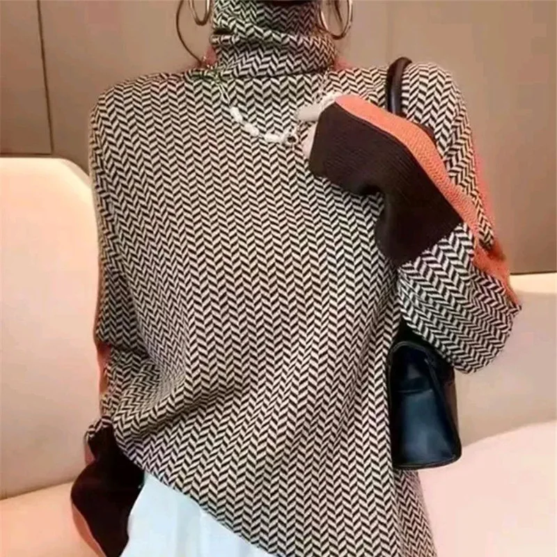 New Autumn and Winter Women's High Neck Color Blocked Houndstooth Sweater, Fashionable and Versatile Pullover Knitted Sweater