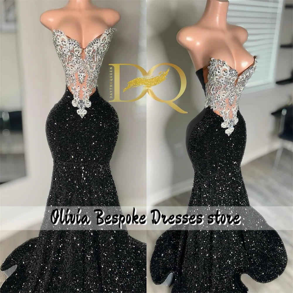 Elegante sereia preto lantejoulas vestido de baile frisado rendas apliques sem alças vestidos de aniversário preto meninas formal personalizado