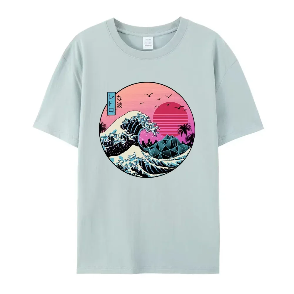 2024 Summer Men\'s T-shirt Sunset Waves in Japan Printed T-shirt Fashion 100% Cotton Short Sleeve Oversized Tee Shirt Men Clothes