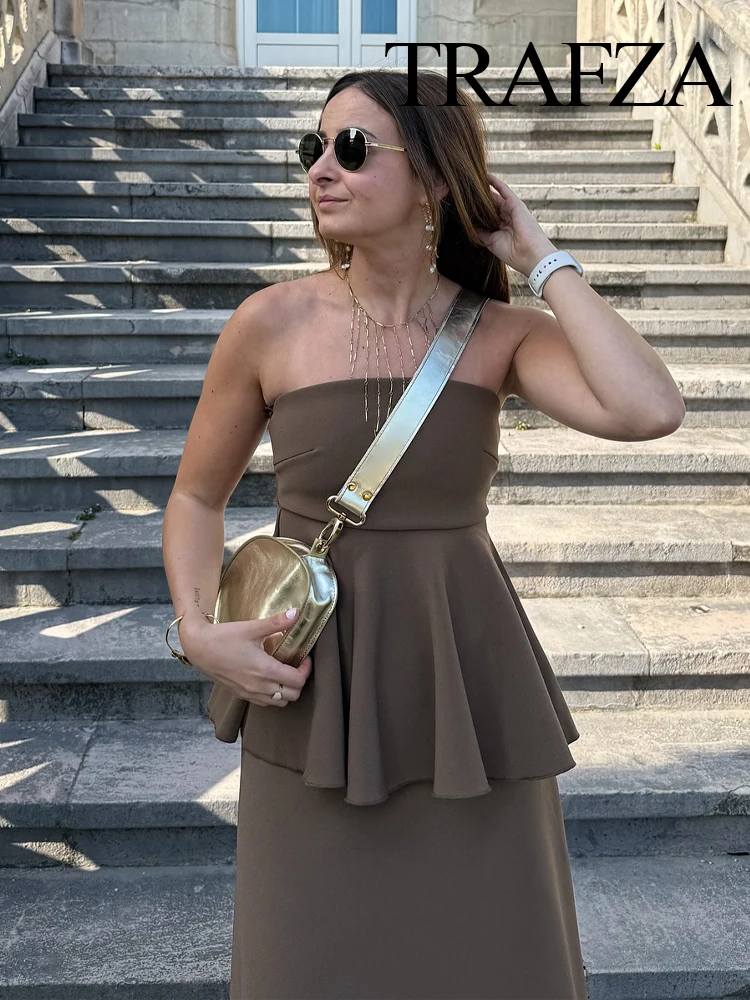 

TRAFZA Women New Elegant Strapless Pleated Sleeveless Back Zipper Top+Summer A-Line Asymmetric Decorate Midi Skirt Solid Suit