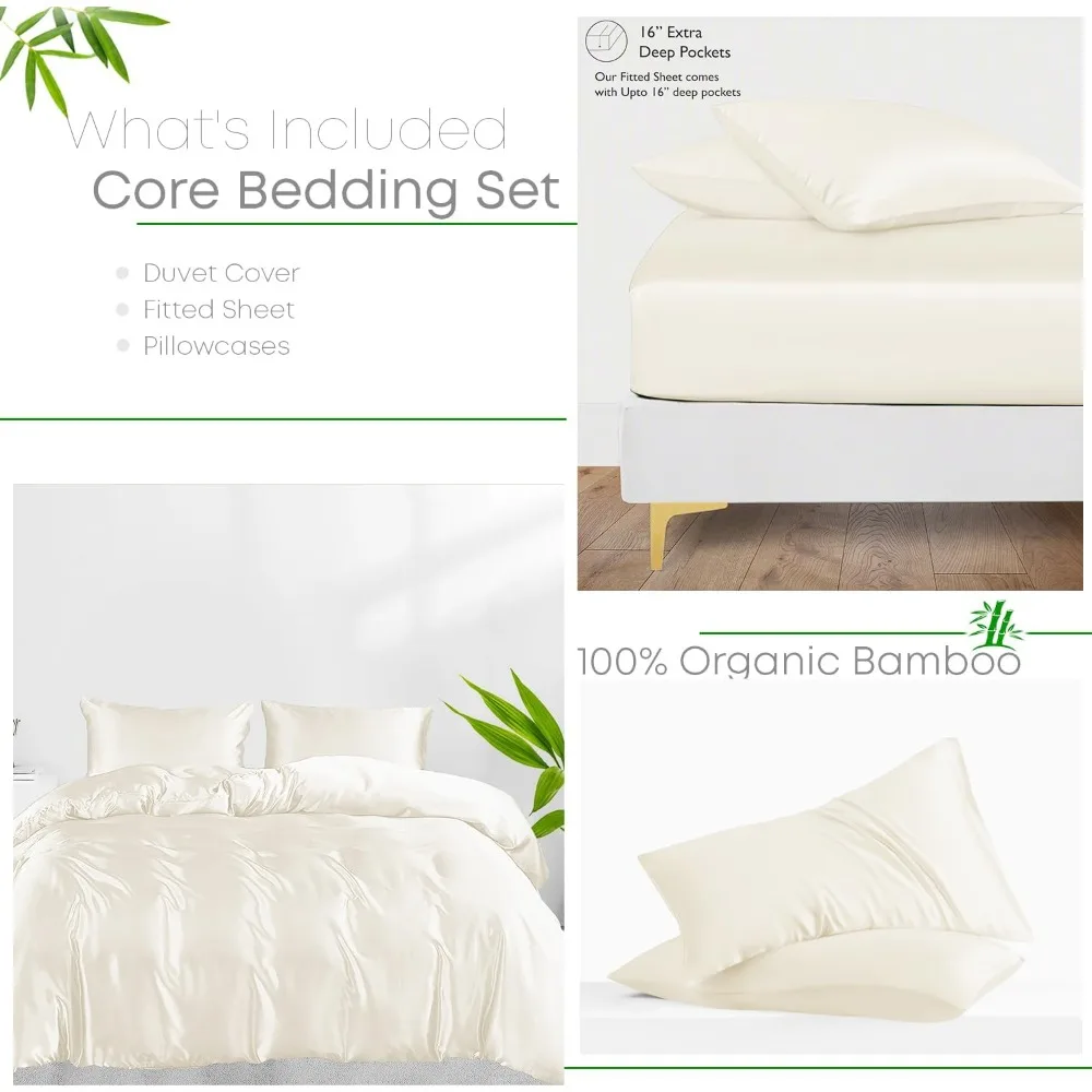 California King Duvet Cover Set with Fitted Sheet, Bamboo Viscose, Zipper, Charcoal Grey