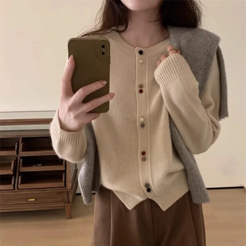 

New Fashion Women's Thin Fleece Knit Loose Short Cashmere Sweater Round Neck Korean Sle Casual Female Sweater Top Cloting XK47