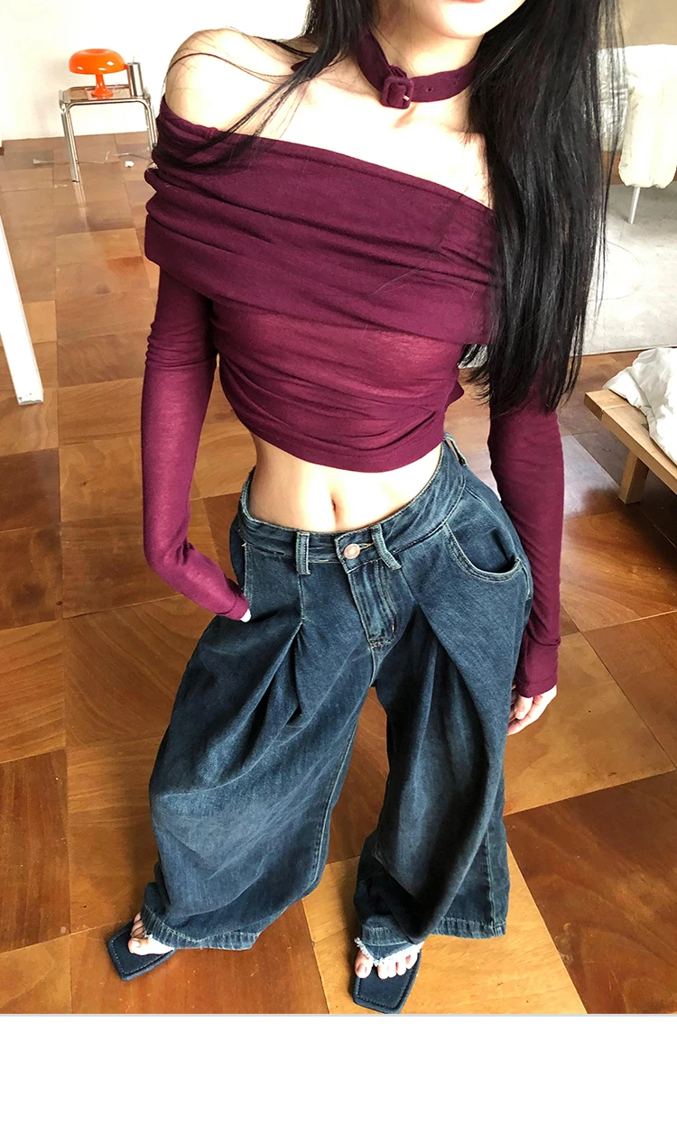 

AzaleeKa Vintage T Shirt Women Off Shoulder With Choker Long Sleeve Crop Tops Korean Style Streetwear Retro Tee Shirt 2000s