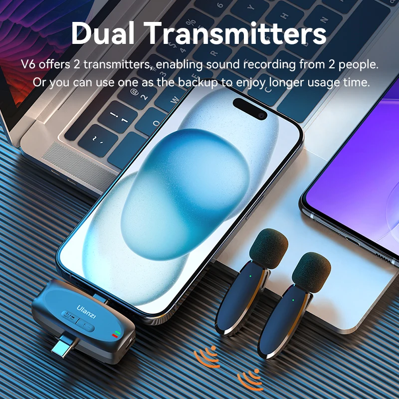Ulanzi ไมโครโฟนลาวาเลียร์ไร้สาย3 in 1, V6 2.4G พอร์ตไลท์นิ่ง Type-C 3.5มม. สำหรับกล้องแล็ปท็อป iPhone 15 Android