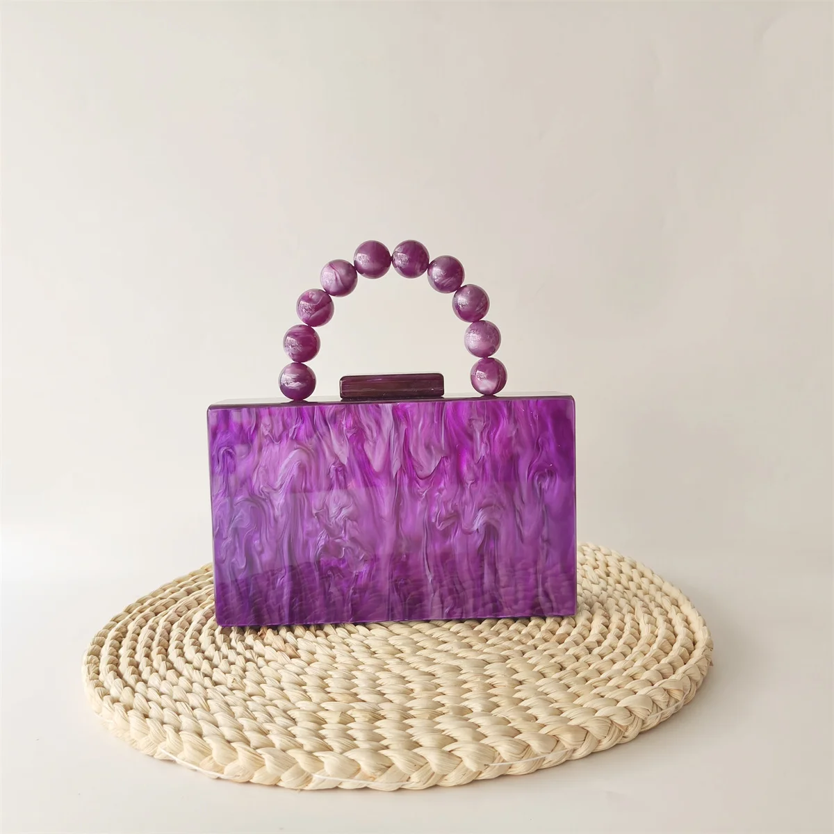 Purple Beaded Handle On Top Acrylic Box Clutches Shoulder Bag Women\'s New Female Cross Body Bags Phone Evening Mini Party Bags