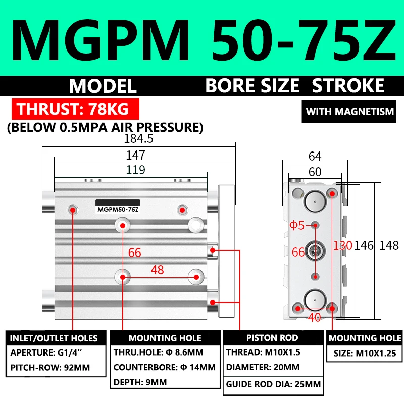ABILKEEN MGPM Series Pneumatic Compact Guide Cylinder MGPM50-75Z 50MM Bore X 75MM Stroke Thin Three Axis Three Rod Air Cylinder