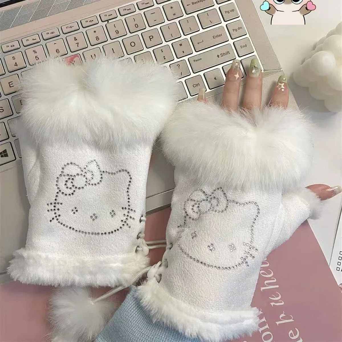 

Sanrio Hello Kitty Leather Rabbit Fur Half-finger Gloves Winter Warm and Sweet Gloves Writing Cold Resistant Gloves