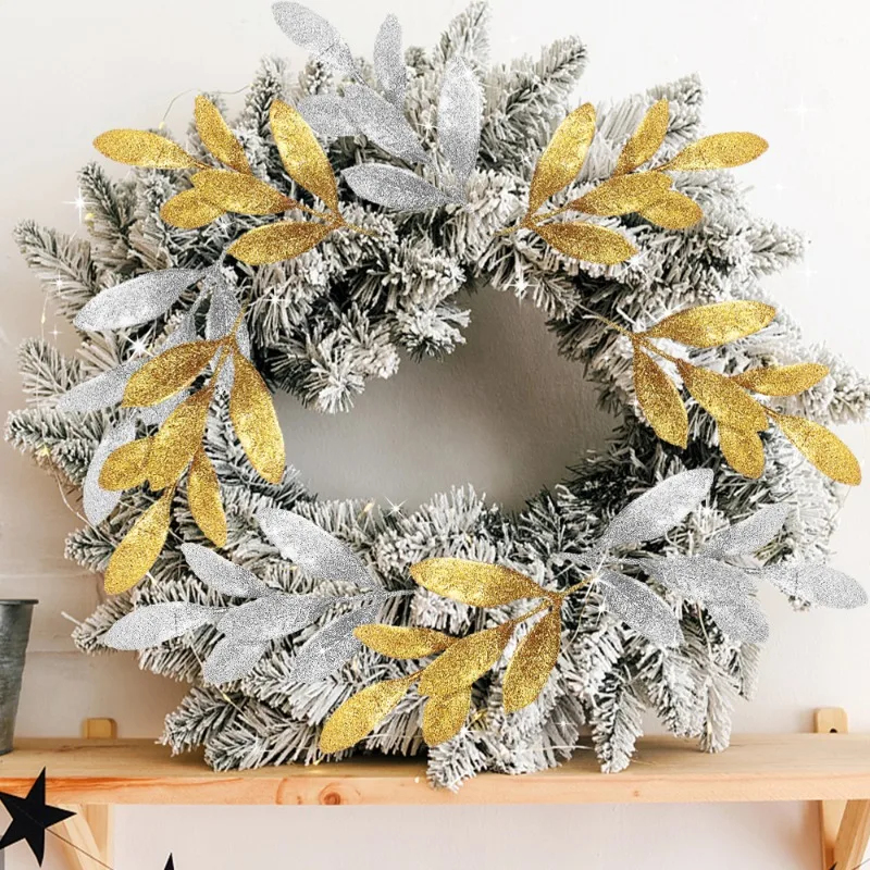 DIY Glitter Artificial Leaf Stem Gold Silver Fake Leaves Branches for Christmas Wreath Garland Wedding Party Home Decor Supplies