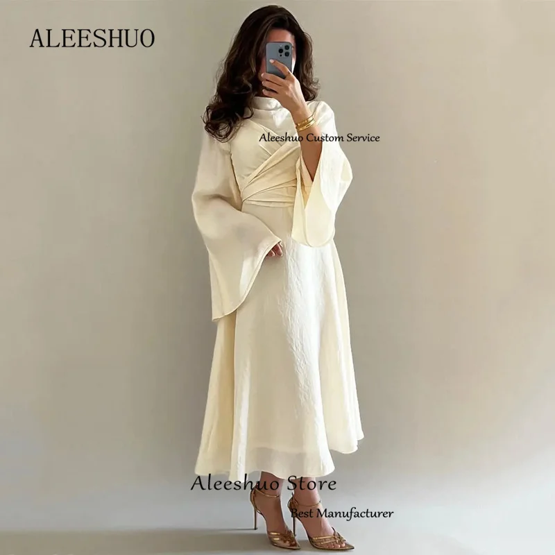 Aleeshuo Simple Saudi Arabia Solid color Long Sleeve Vestidos De Noche A-Line Pleated Chiffon O-Neck Prom Dress Ankle-Length