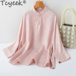 Tcyeek 100% Mulberry Silk Blouse for Women Spring Summer Clothes Womens T-shirts Elegant Women's Blouses Blusas De Mujer 2024