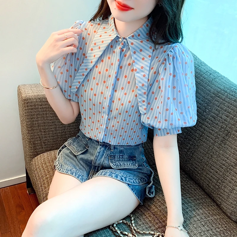 New Summer Fashion Short Puff Sleeve Blouses 2024 Vintage Dot Print Stylish Elegant Turndown Collar Sweet Shirts Blue Tops 27484