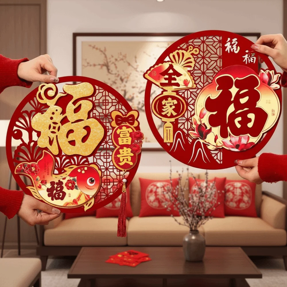 

Chinese Style 3D Fu Character Door Sticker Flocked Thickened New Year Wall Sticker Traditional Self-adhesive