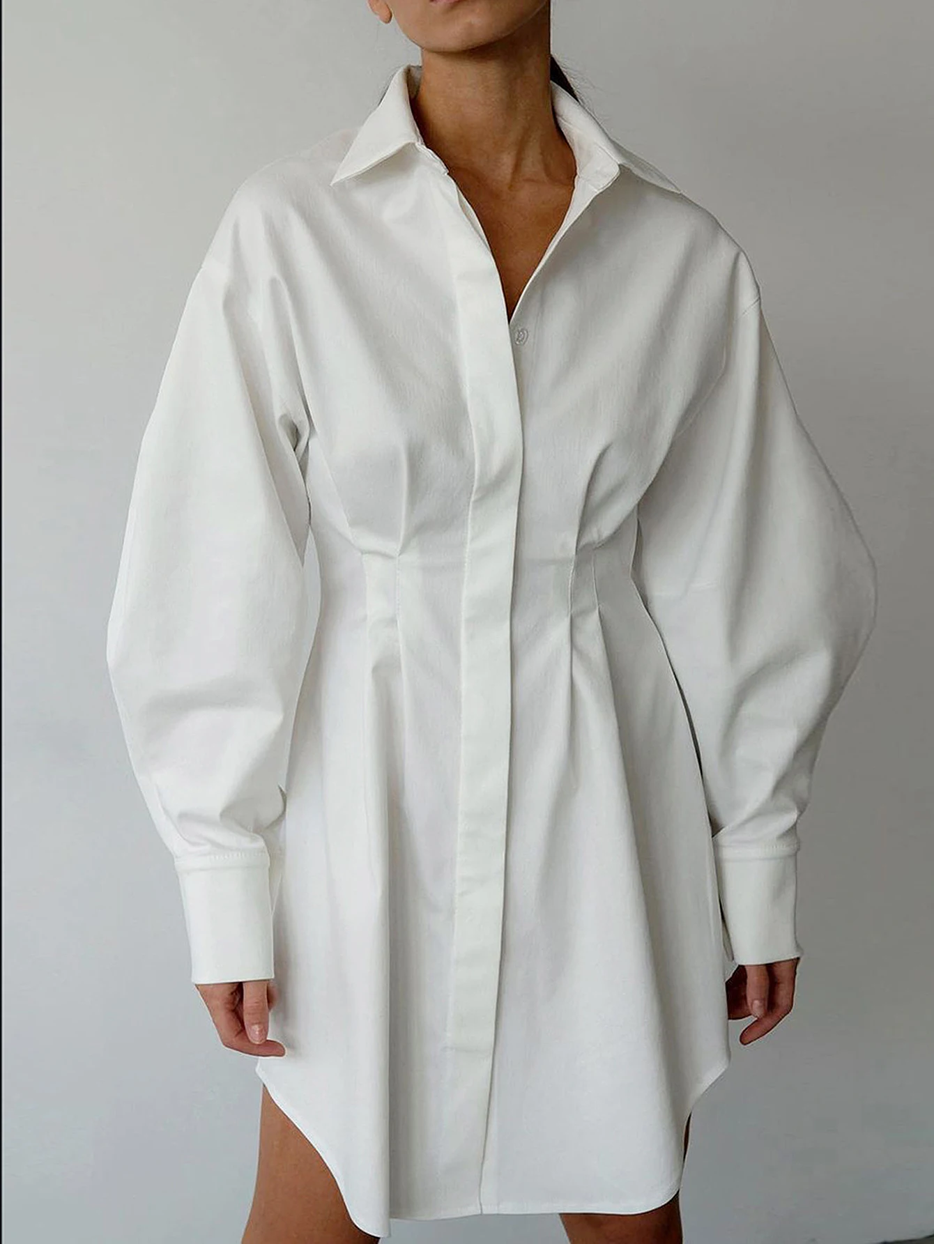 Abito autunnale da donna Semplice tinta unita a maniche lunghe Colletto a camicia Vita stretta A-Line Mini Office Lady Style per l'autunno