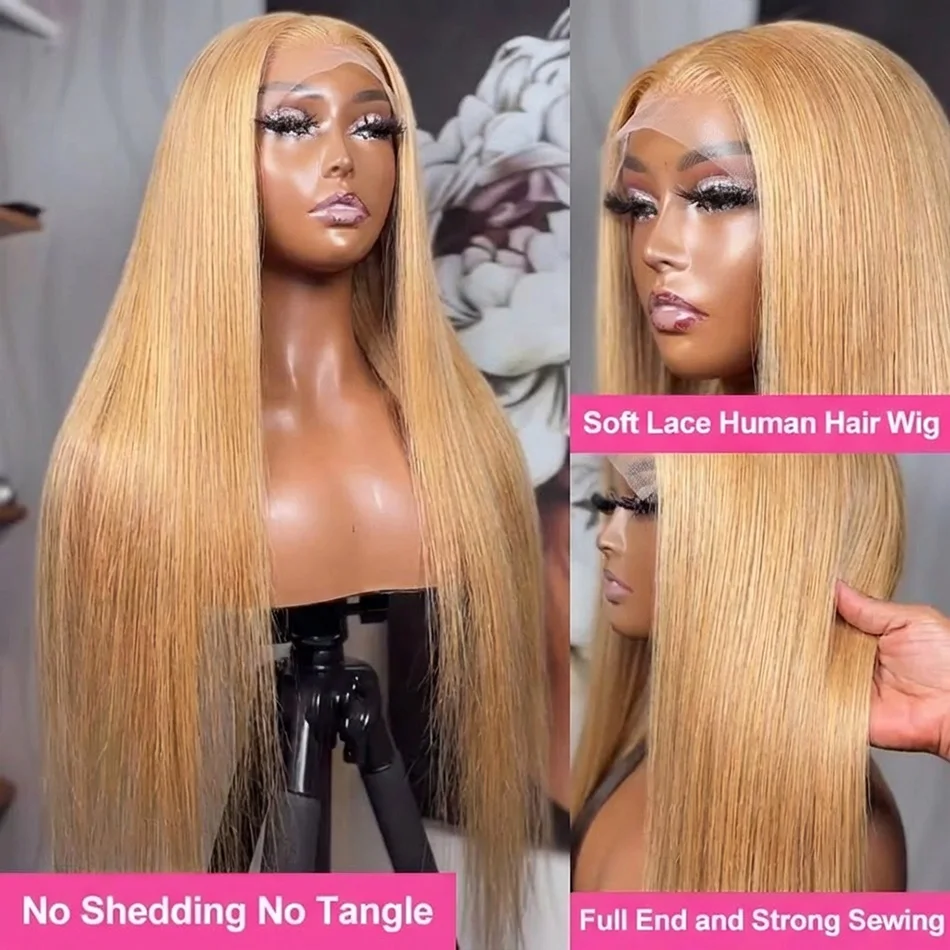 

27# Honey Blonde Highlight 220 Density Front Wigs Human Hair Pre Plucked Hairline Lace Straight Wig Human Hair Wigs For Women