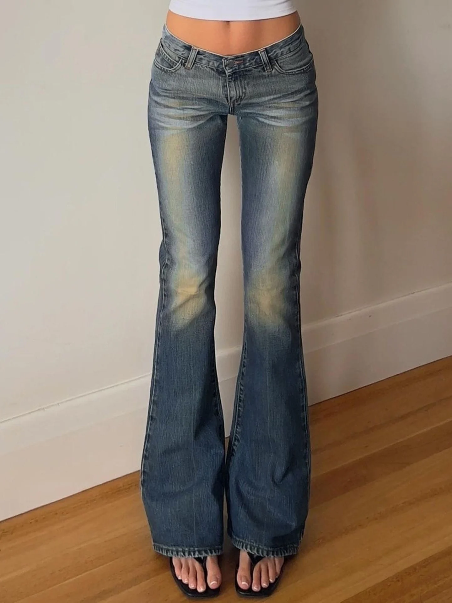 Retro American Washed Bell Bottom Jeans Women's Slimming Versatile Low Waist Elastic Stretchy Floor Length  Hoof Pants