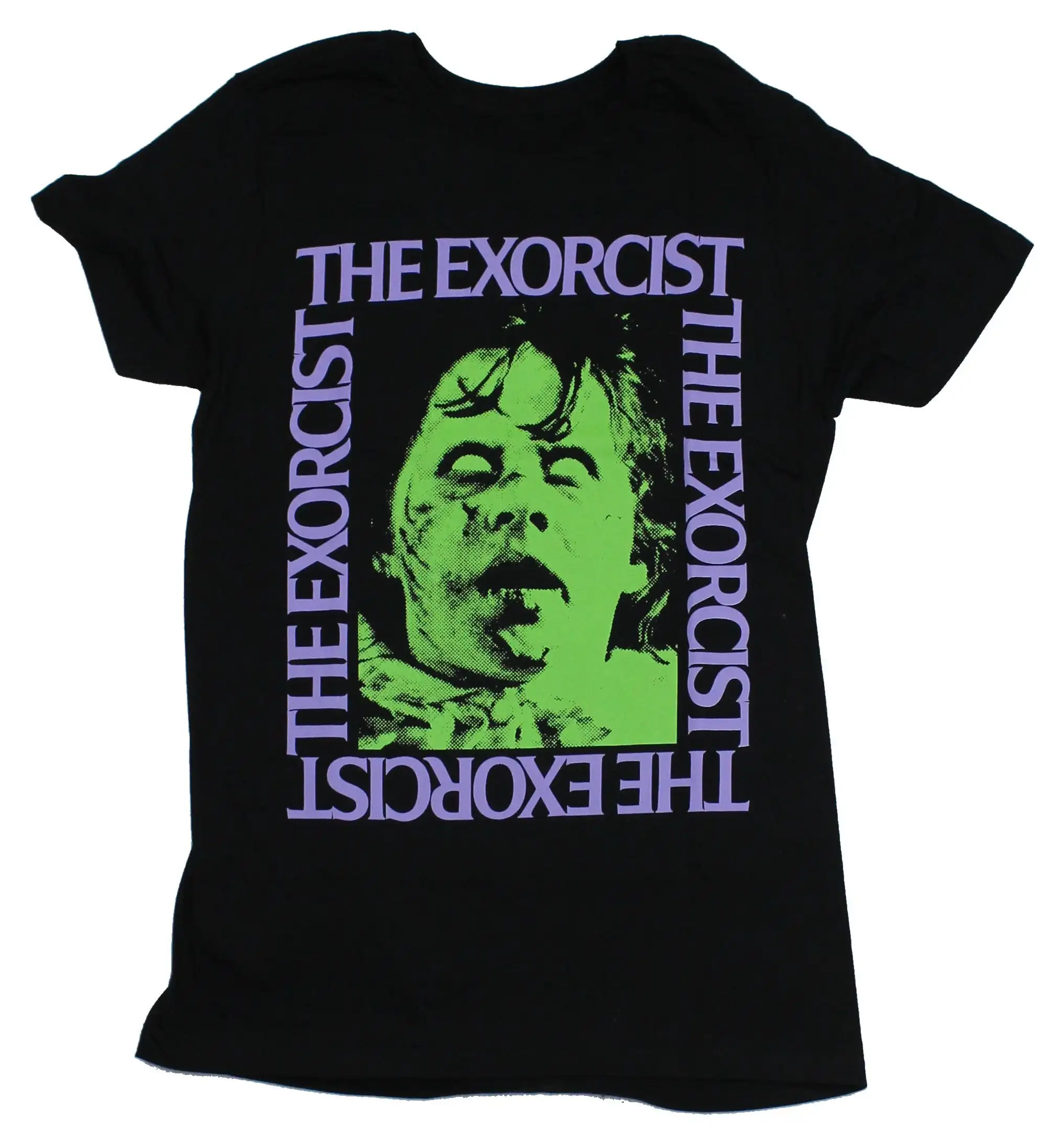 

The Exorcist Mens T-Shirt - Scary Girl Front Shadowy Priest Back Image (Medium)