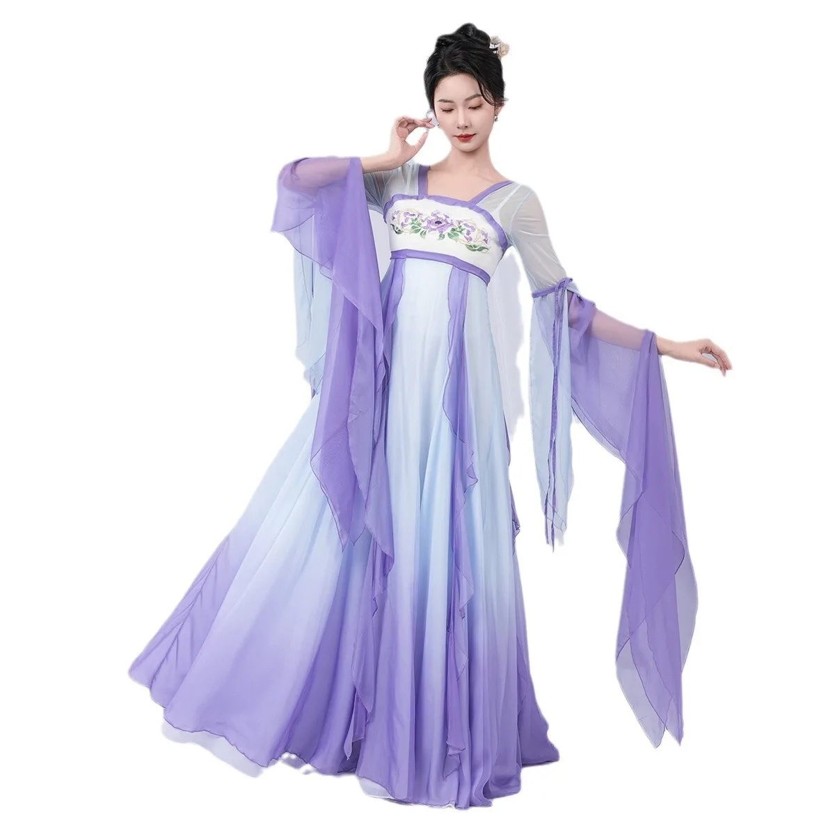 Kostium do tańca klasycznego, elegancka długa sukienka do tańca chińskiego w stylu Han Tang, strój do ćwiczeń i występów, z odkrytymi ramionami.