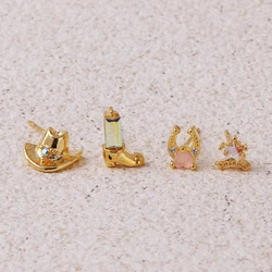 4pcs/Set Fashion Trendy Colorful Zircon Cowboy Hat Boots Stud Earrings For Women Cowgirl Earring Jewelry Party Gift