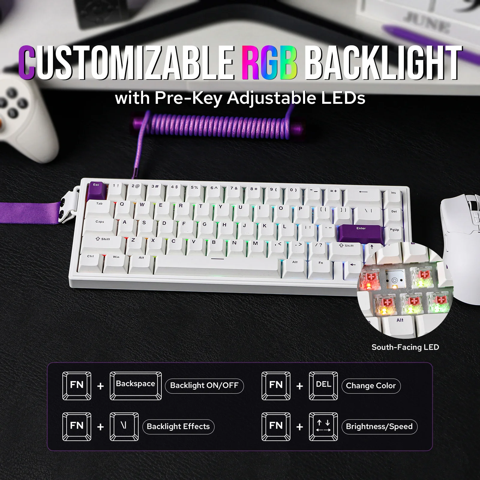 EPOMAKER HE68 65% ANSI US Layout Tastiera da gioco magnetica cablata con effetto Hall montata su guarnizione per Mac/WIN con velocità di polling 8000Hz