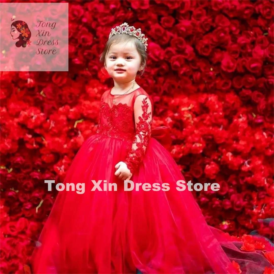 Robes de demoiselle d'honneur rouges pour enfants, robe de princesse moelleuse, jolie applique rouge, plage, invités de mariage, fête d'anniversaire, première communion