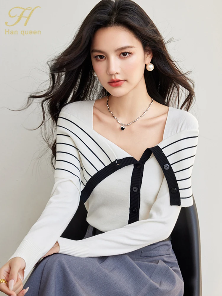 H Han Queen 2024 Autumn Winner Tops Loose Colorblocked Stripe Korean Sweaters Women Vintage Casual knitted Pullovers Sweaters