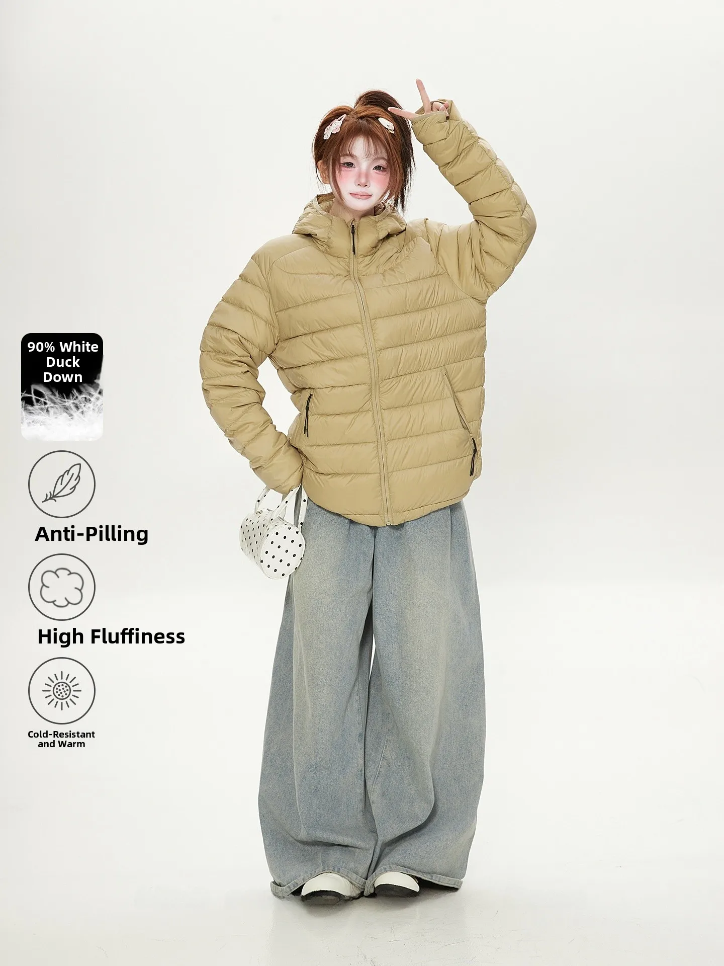 

Женская легкая пуховая ткань Jaet, стеганая нейлоновая ткань с капюшоном, 90% белая, с наполнителем Du down, с термостойким вырезом для поездок на работу, прямой крой