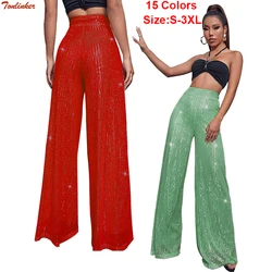 15 Couleurs Mode Sequin Large Jambe Pantalon Noir Rouge Bleu Style Coréen Femmes fjTaille Haute adt Vadrouille Long Pantalon S-3XL