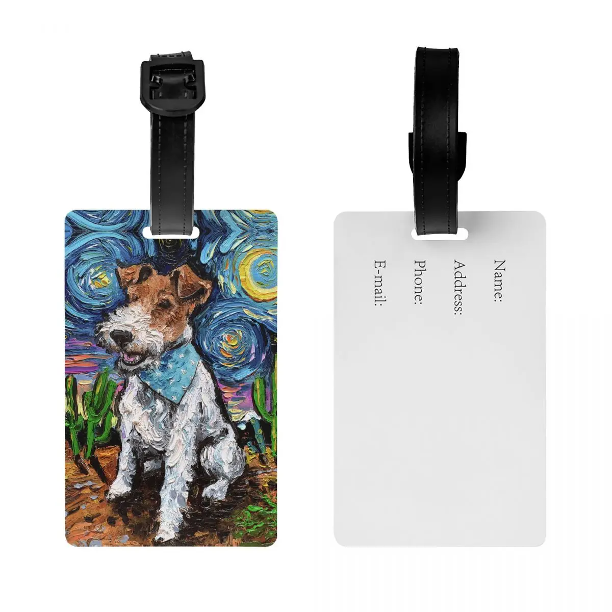 Etiqueta de equipaje de Noche Estrellada Fox Terrier, Etiquetas de equipaje personalizadas para amantes de los perros, cubierta de privacidad, tarjeta de identificación con nombre