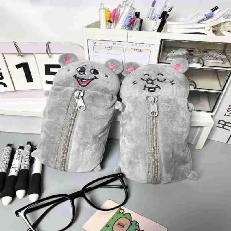 Cartoon Smiling Mouse Plush Pencil Case Cute Student Stationery Bag Large Capacity Storage Bag