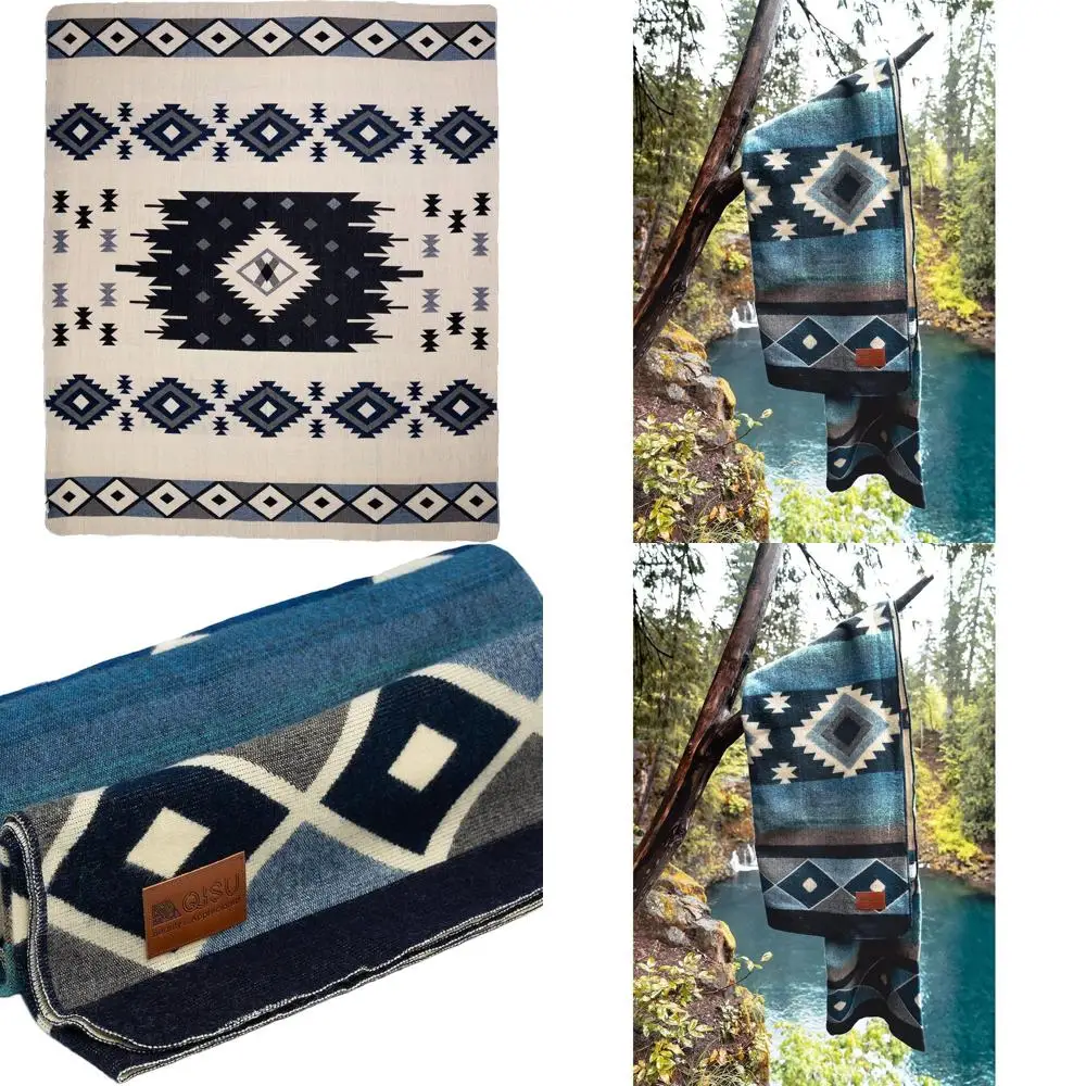 

Ecuadorian Handcrafted Wool Blanket - Large, Soft, Warm, Hypoallergenic, 94x78 Blue Pyramid Pattern