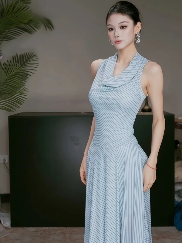 Instunning Blue Striped Ne Hanging Svel Long Dr Women's New Sle Classy Vest Dr French Sle Waist Cinched Sum...