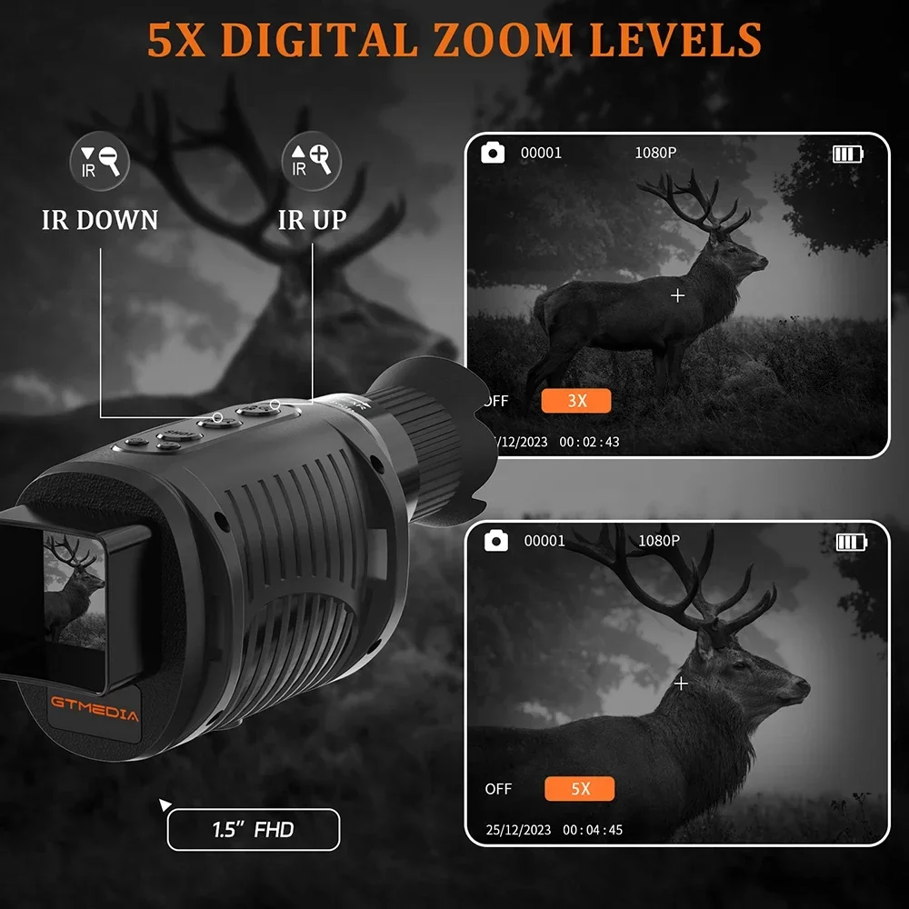 Monocular Night Vision TFT LCD screen Built-in 3W 850nm illuminator and offer a clearer view of details for dark