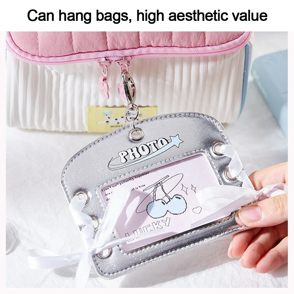 الأزياء Y2k حامل البطاقة القوس بطاقة تخزين المعبود صور بطاقة الغطاء الواقي لامعة حقيبة فضية قلادة