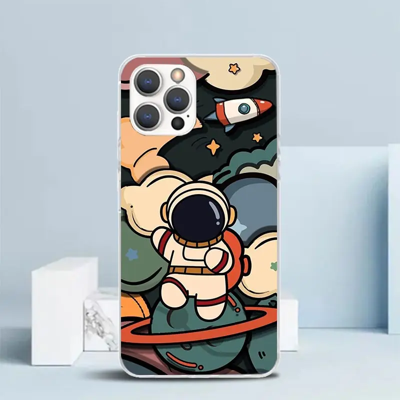 Cartoon Planet Astronaut Star Rocket Phone Case For IPhone 16 15 14 13 12 11 Pro Max Mini XR XS X 7 Plus 8 + SE 2020 Soft TPU Ba