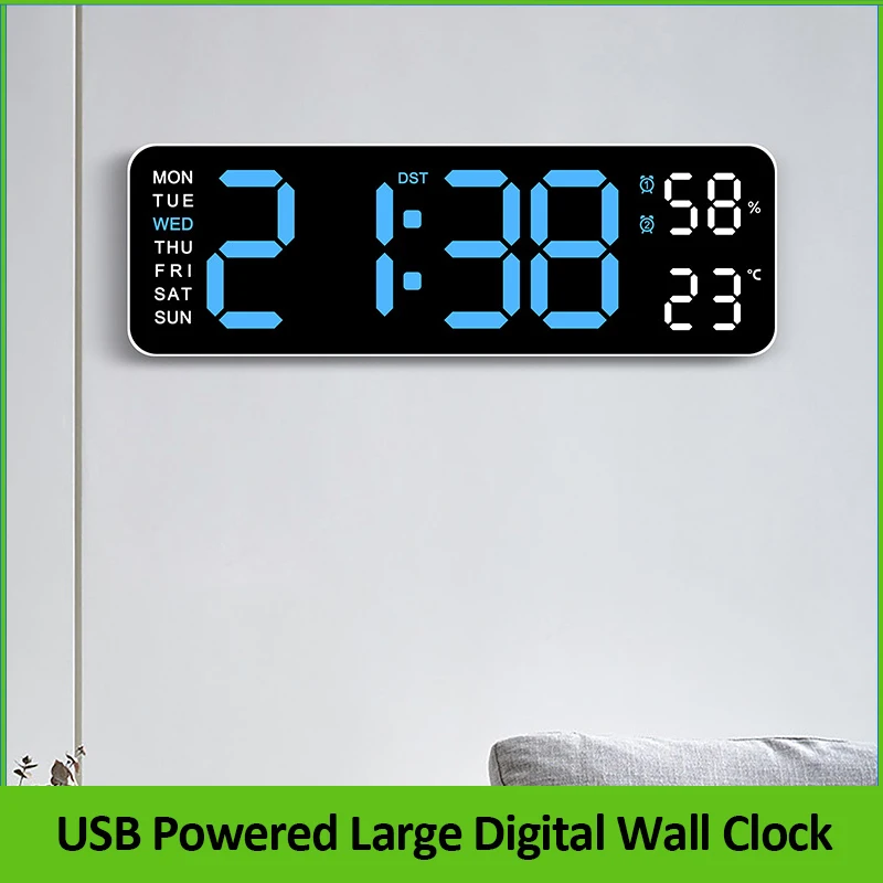 Large Digital Wall Clock Temperature and Humidity Week Display Brightness Adjustable Electronic LED Table Alarm Clock 12/24H