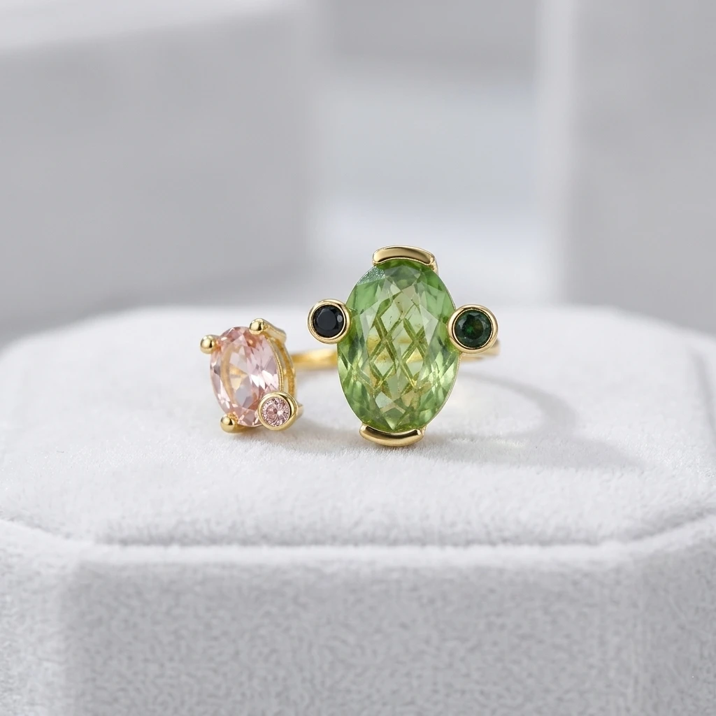 Größenverstellbarer Damenring mit grünem und pinkfarbenem Zirkonia, Modeschmuck für den Alltag und Partys, Geschenk für sie. – Detail 5