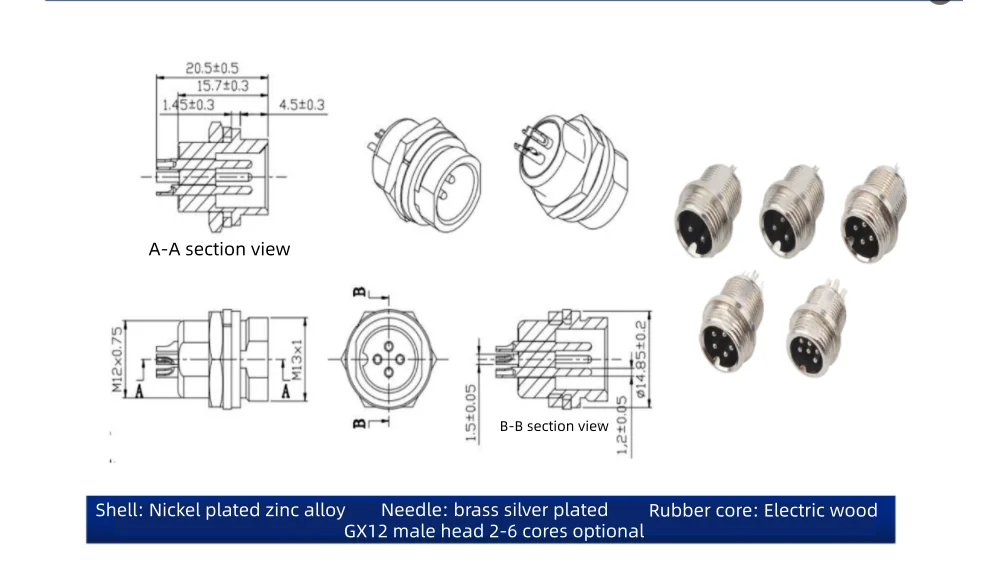 10 Stück GX12 Luftfahrtstecker, einfache Buchse mit 2/3/4/5/6/7 Pins – Detail 4