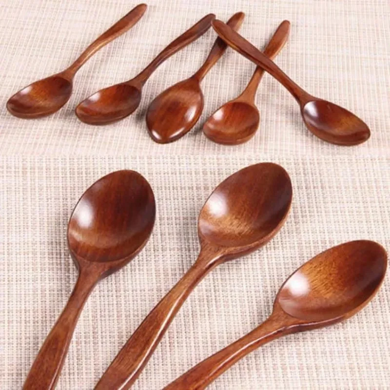 5/1Pcs Natural Wood Spoons Japanese Style Long Handle Soup Spoon Coffee Milk Teaspoon Scoops Kitchen Tableware Cooking Tools