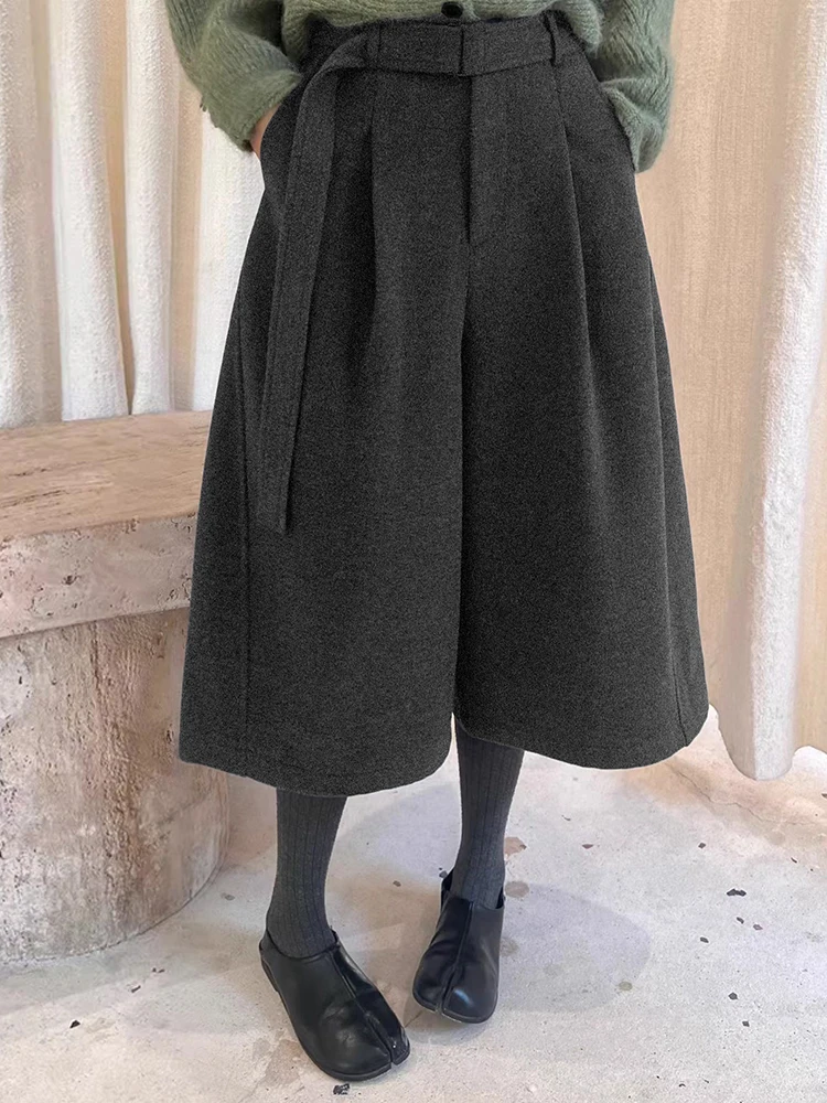 ReddaChic habillé plis Tweed Shorts unisexe Bloomers bureau décontracté ceinture ample taille basse jambe large Baggy pantalon hiver femmes vêtements