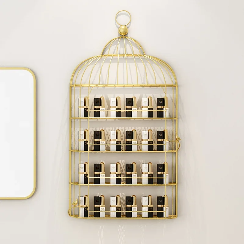 Bird Cage Shape Nordic Wall Storage Holder For Nail Polish Manicure Shop Iron Rack Organizer Metal Shelf