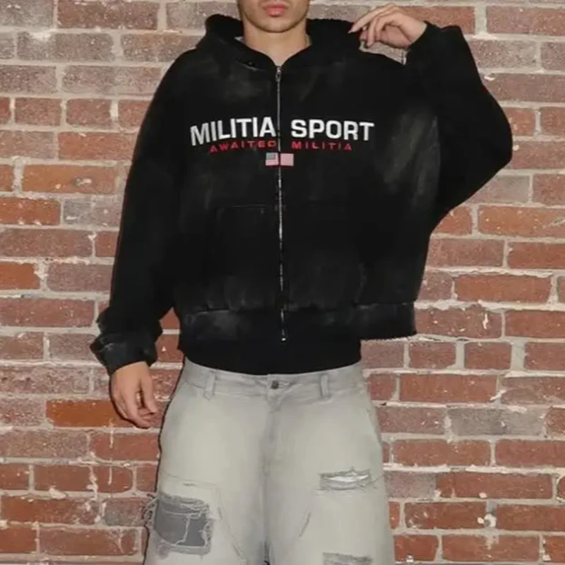 الخريف الشتاء المألوف الشارع فضفاض الترفيه هوديي الرجال الملابس النسائية العلم الأوروبي الأمريكي تصميم رسالة مطبوعة معطف أعلى #4