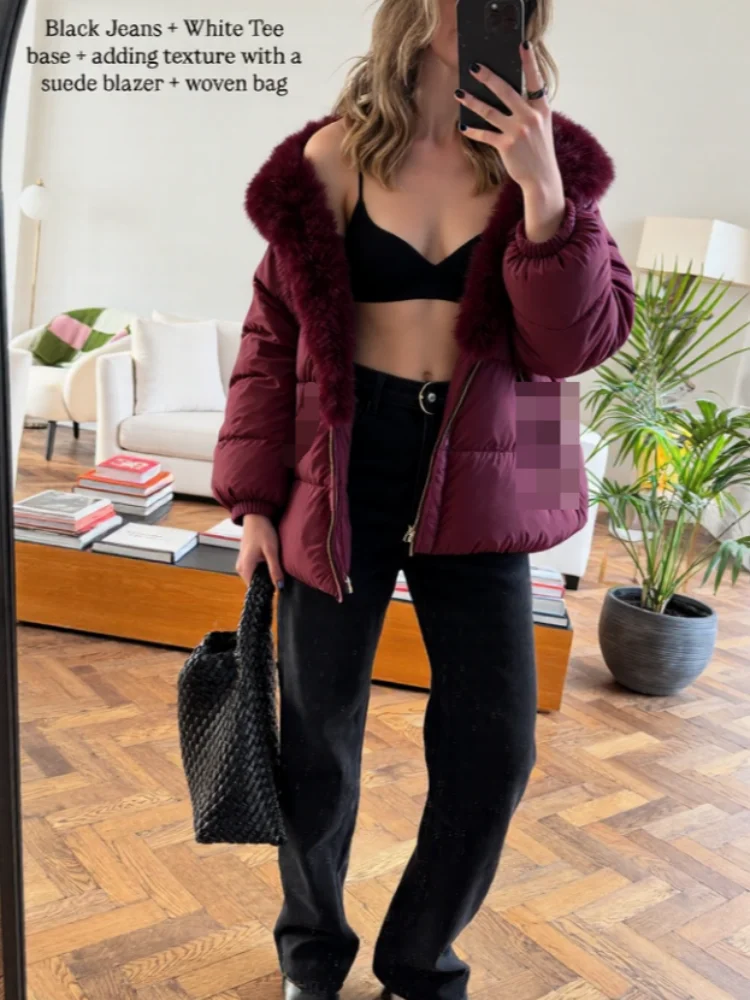 

Зимняя куртка-пуховик из натурального искусственного лисьего меха с воротником-стойкой и v-образным вырезом, толстая теплая женская куртка на утином пуху, повседневная короткая верхняя одежда из лисьего меха