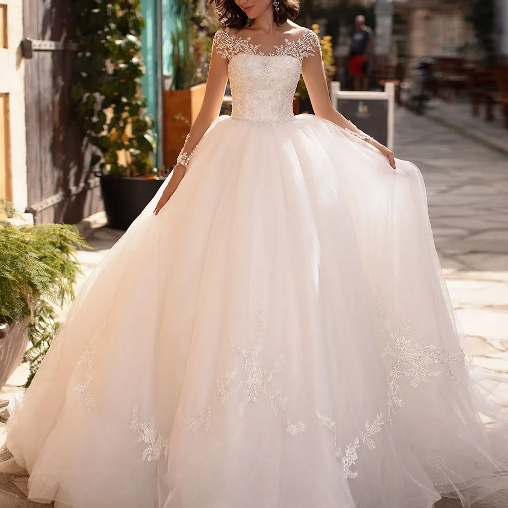 

Gorgeous Wedding Dresses for Elegant Women Lace Appliques O-Neck Long Sleeve Organza Chapel Train Puff Bridal Dress Vestidos