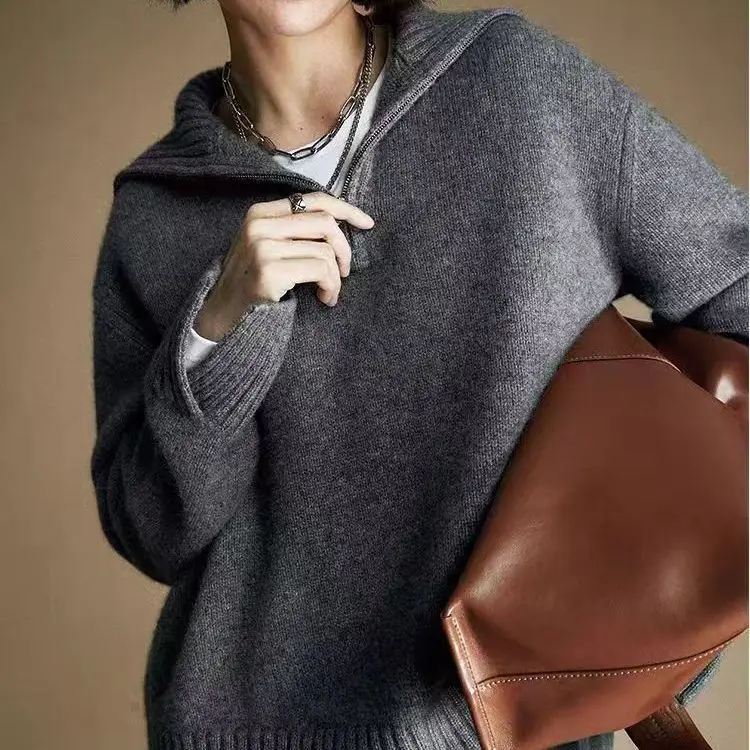 

European And American Lazy Style Half Zipper Sweater Women'S Autumn And Winter Versatile Lapel Loose Plus Size Knitted Top