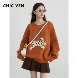 CHIC VEN Women Sweaters Loose Cartoon Animals Embroidered Jacquard Jumpers O Neck Female Knit Pullovers Spring Autumn 2024