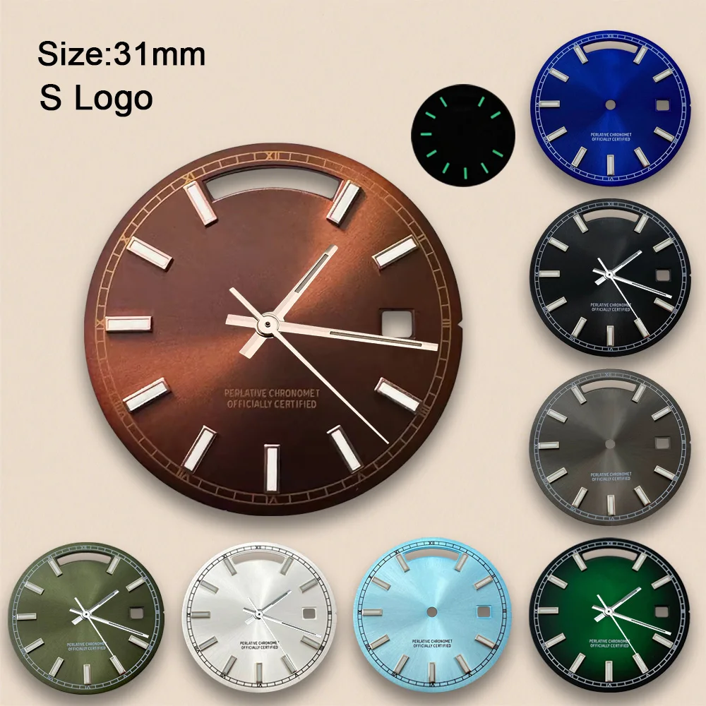 High Quality 31mm S Logo Day And Date Dial Suitable For 8285 Movement Green Luminous Watch Modification Accessories