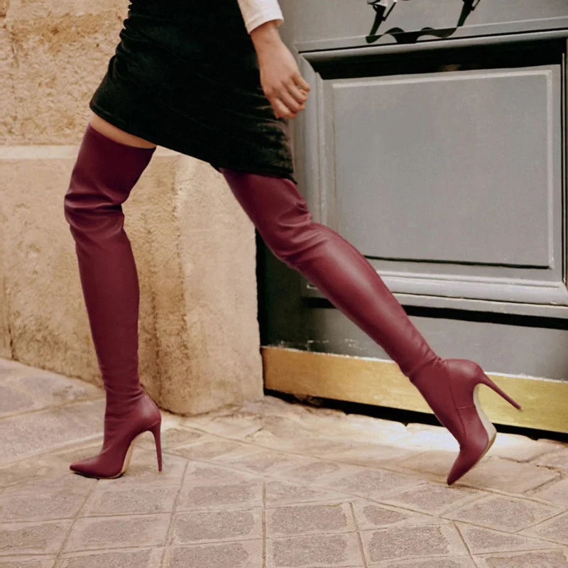 Stiletto Heels Black Stretch Leather Over The Knee Boots Women Shoes Pointed Toe Ladies Leg Boots